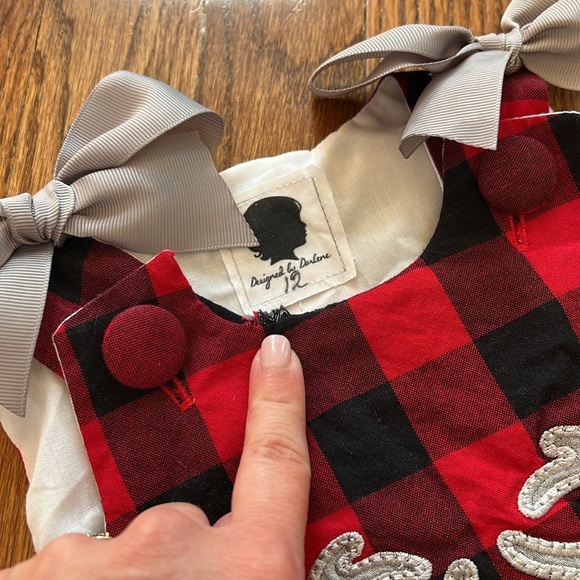 RED AND BLACK BUFFALO PLAID WITH GREY REINDEER DRESS - 12M - Picture 9 of 10